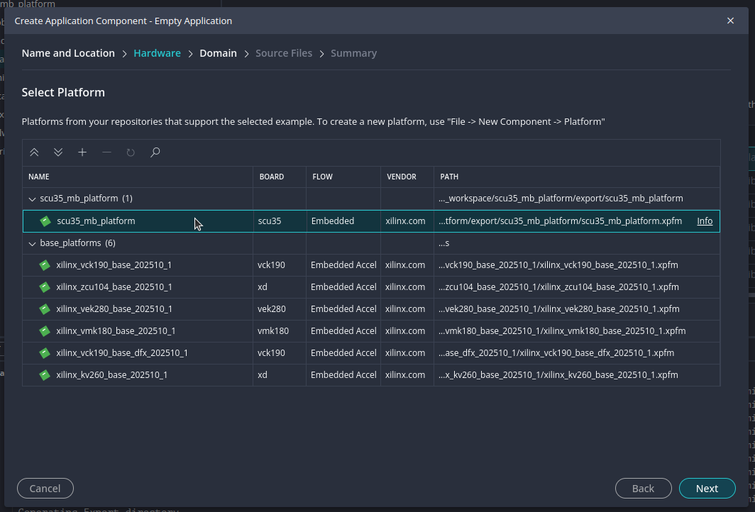 Selecting SCU35 hardware platform in Vitis