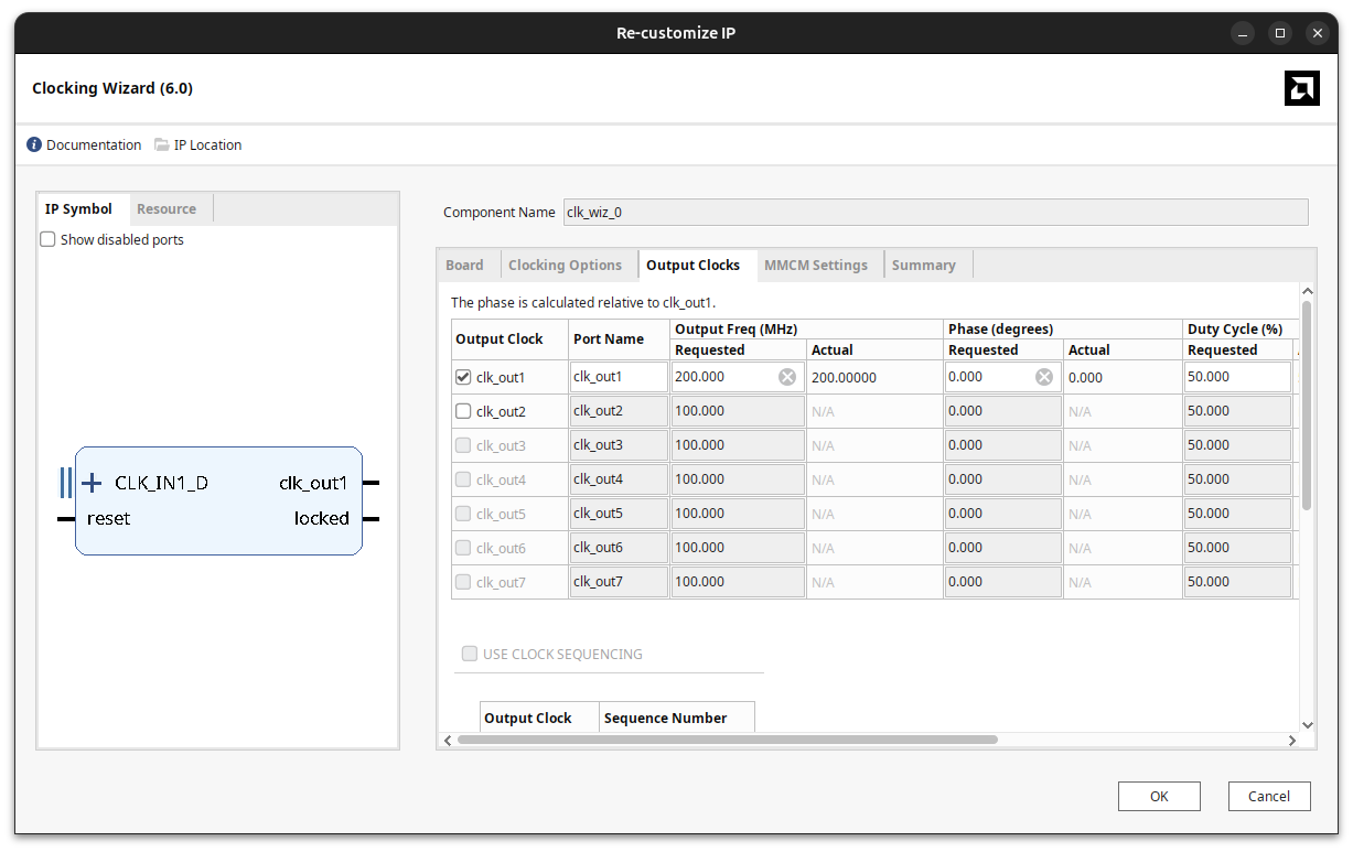 Configure the system clock for a MicroBlaze-V SoC Vivado Clocking Wizard for MicroBlaze-V on Spartan UltraScale+ (SCU35)