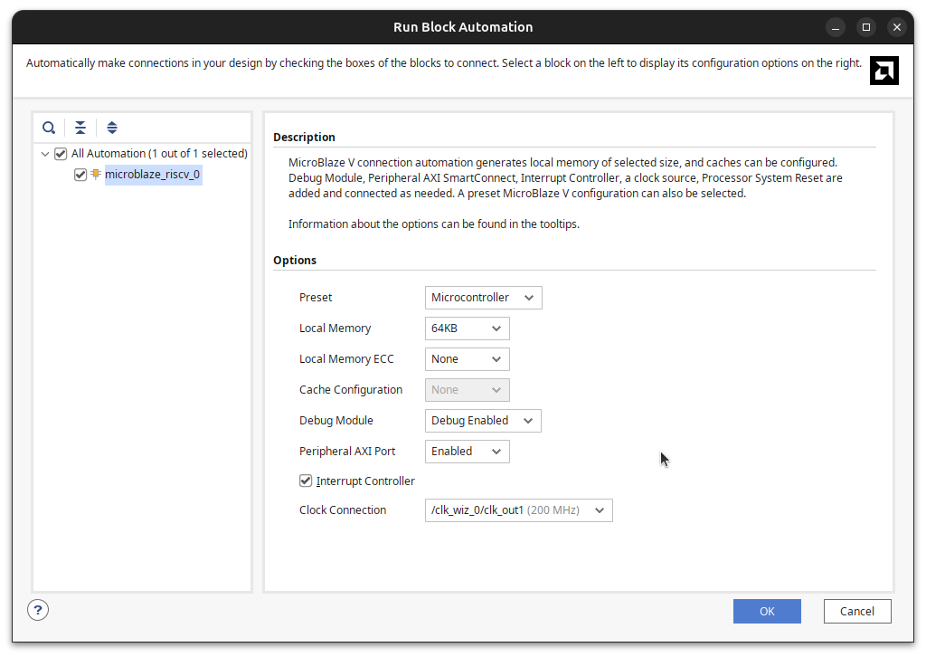 Configure MicroBlaze-V core parameters MicroBlaze-V configuration: ISA, caches and clock options