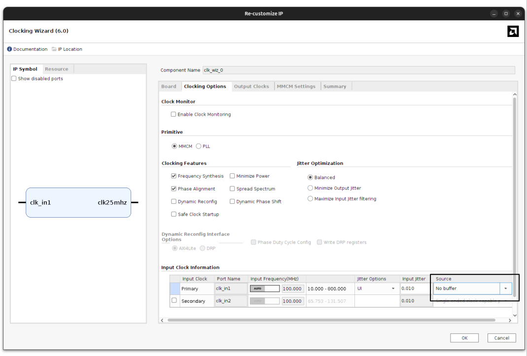 "Clocking wizard without input buffer"
