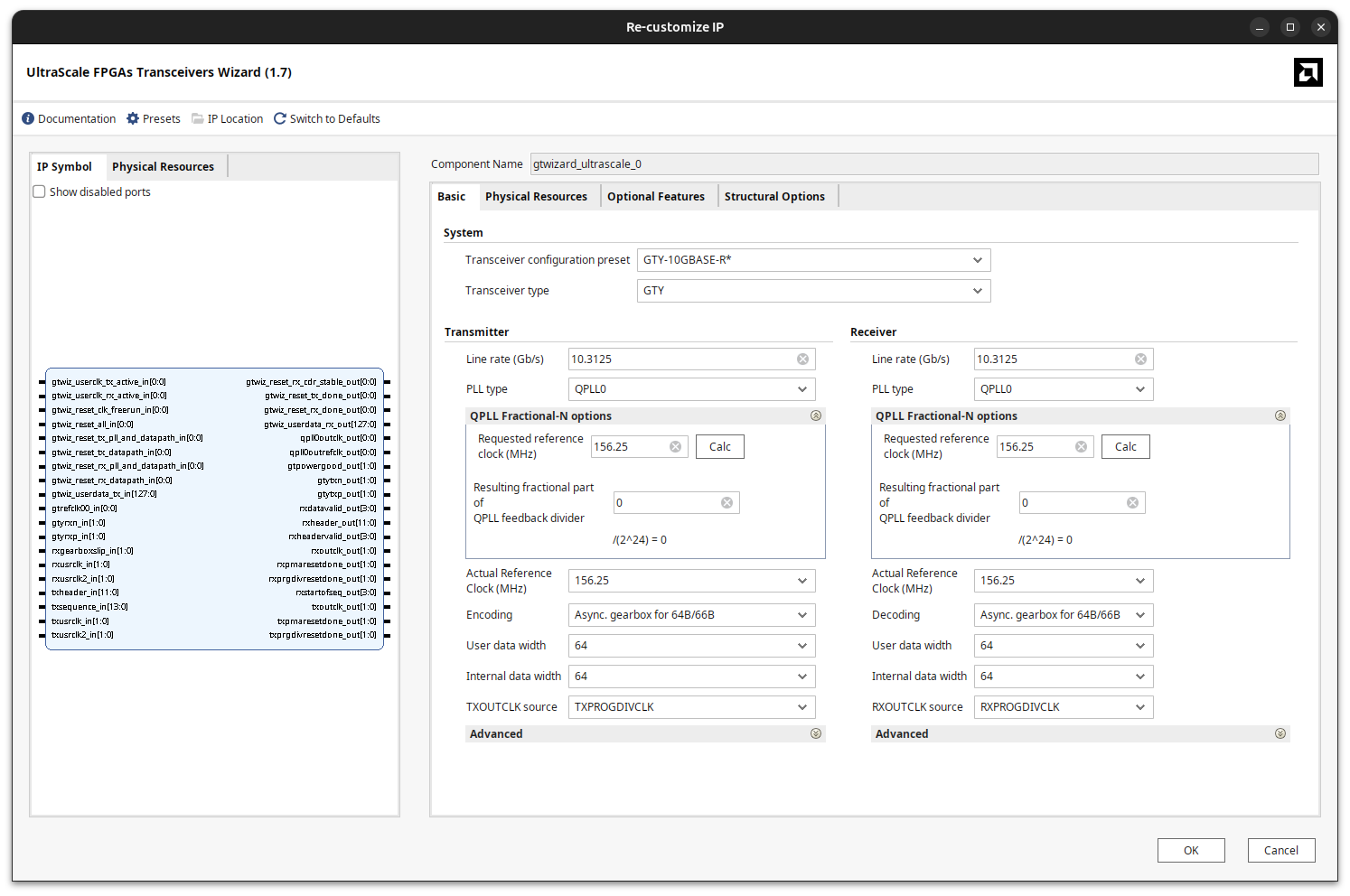 Ultrascale FPGAs Transceivers Wizard configuration for SFP1 and SFP2