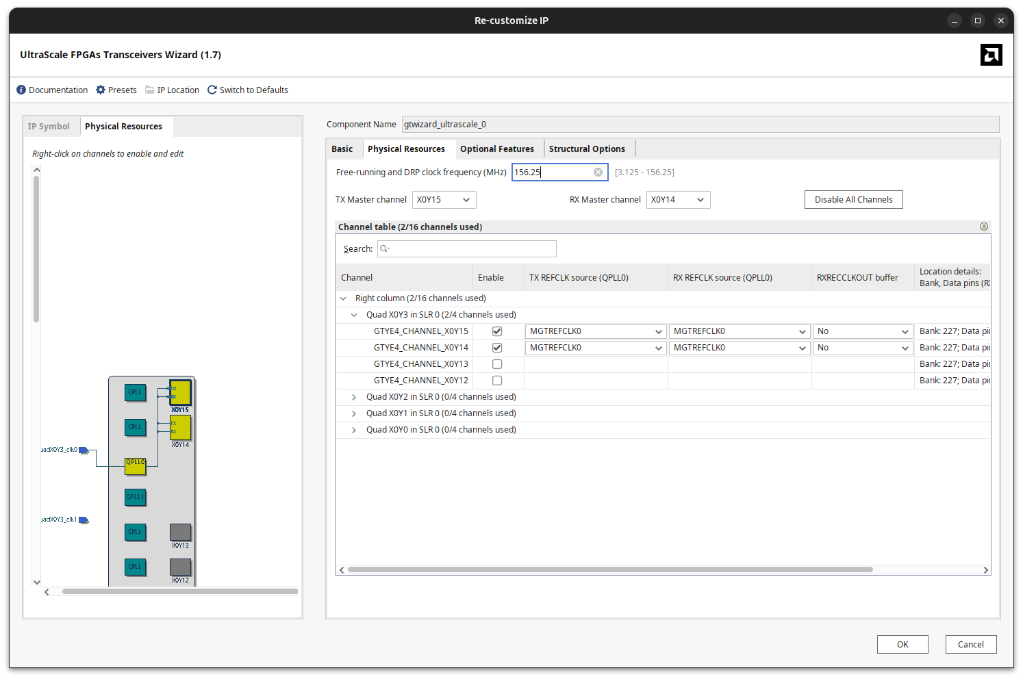 Quad selection for the Ultrascale FPGAs Transceivers Wizard