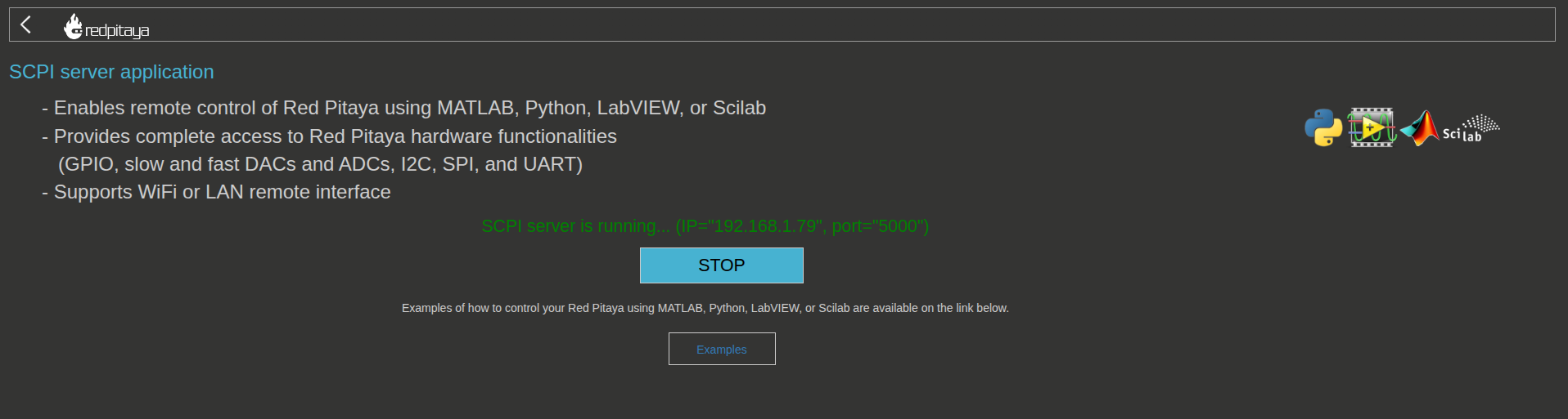 Red Pitaya web interface showing the SCPI server settings