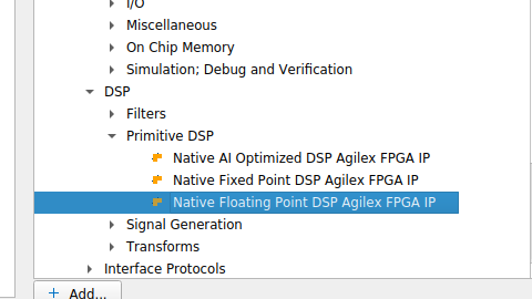 Quartus IP Catalog showing the Native Floating Point DSP Agilex FPGA IP selected under DSP → Primitive DSP