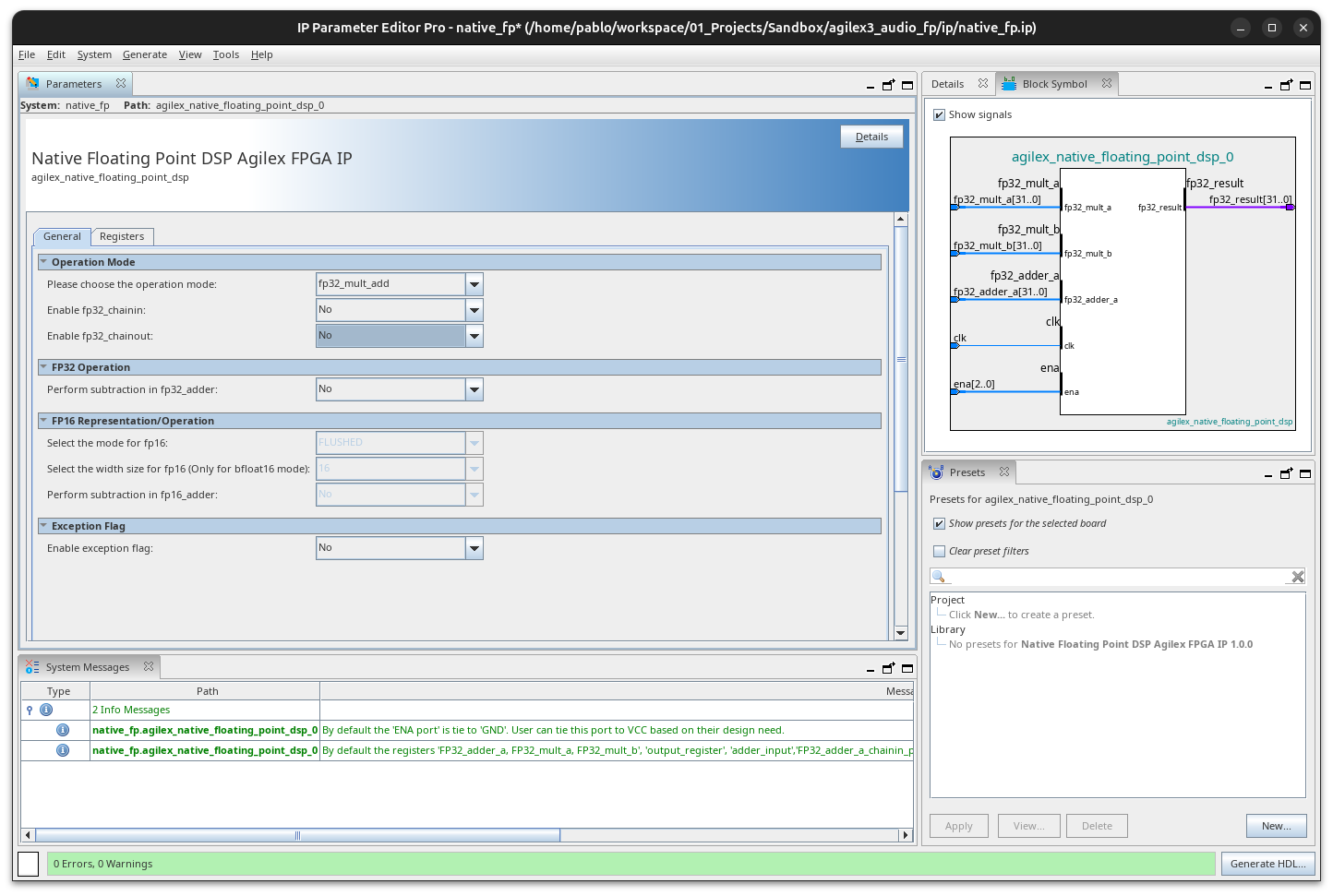 Native Floating Point DSP IP Parameter Editor configured in fp32_mult_add mode