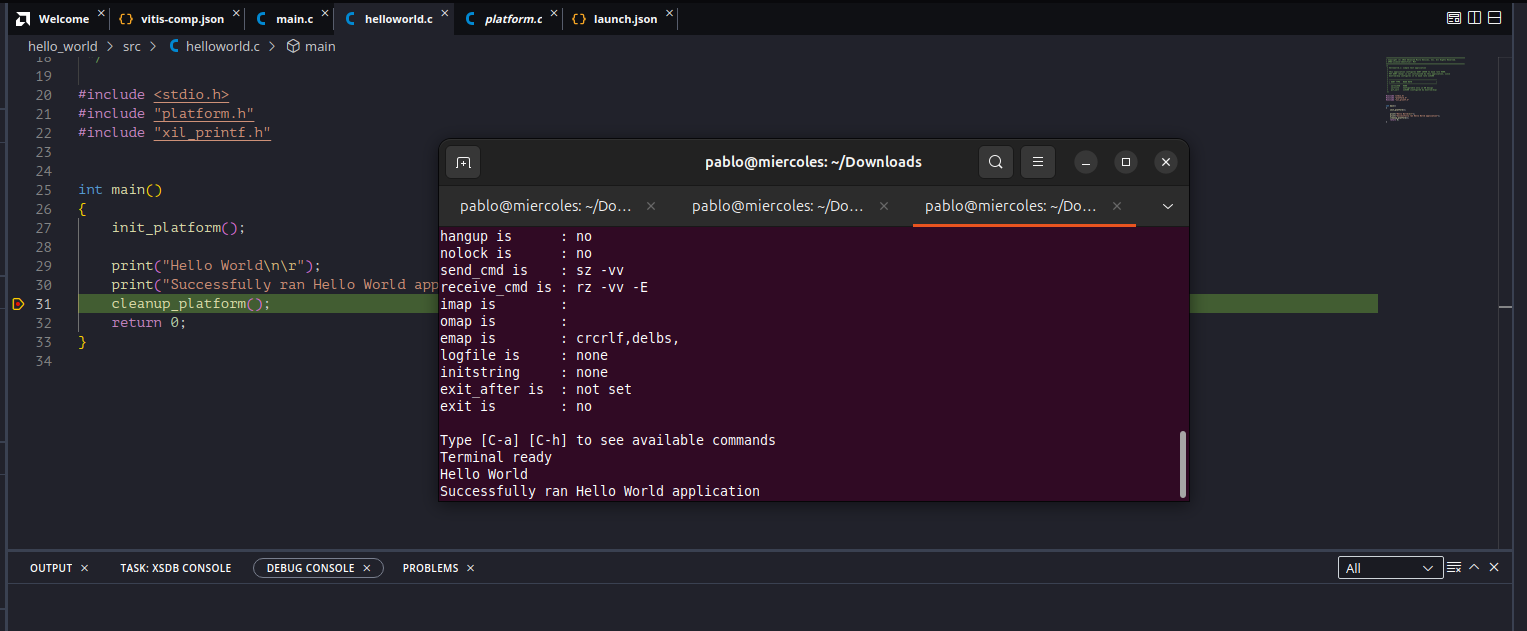 Hello World application running on the iW-RainboW-G57D board