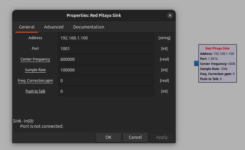 Red Pitaya sink block parameters, including the Push to talk field