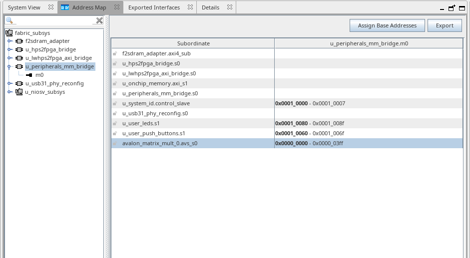 Platform Designer Address Map tab showing avalon_matrix_mult_0.avs_s0 placed at 0x0000_0000 while the GSRD peripherals sit at 0x0001_0000 and above