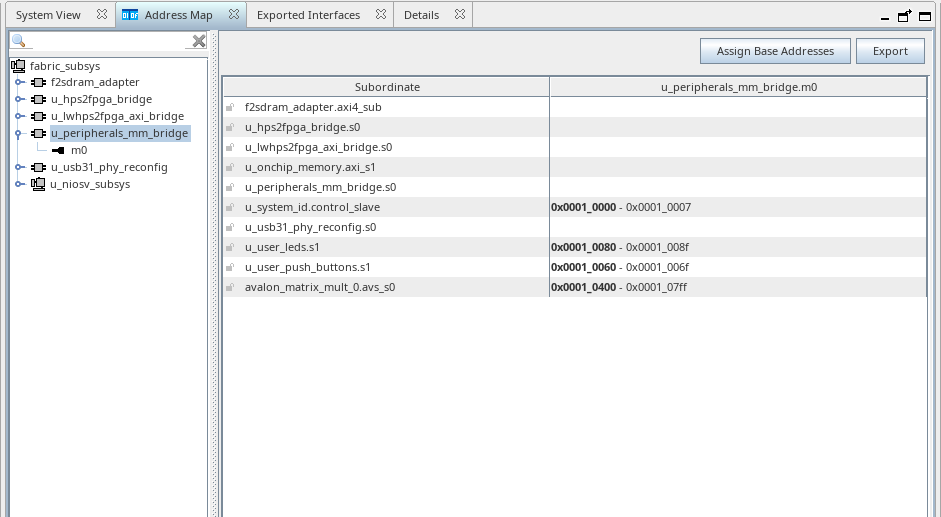 Address Map tab after assigning avalon_matrix_mult_0.avs_s0 manually to the 0x0001_0400 - 0x0001_07ff range, leaving the GSRD peripheral addresses untouched