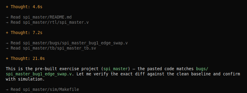 OpenCode session where Qwen3.8 reads the spi_master project and concludes that the pasted code matches bugs/spi_master_bug1_edge_swap.v