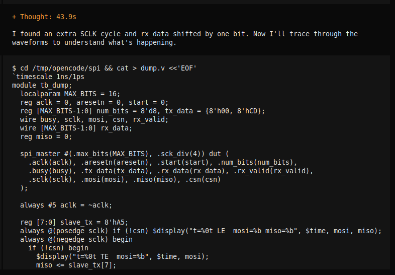 Qwen3.8 writing a dump testbench after finding an extra SCLK cycle and rx_data shifted by one bit