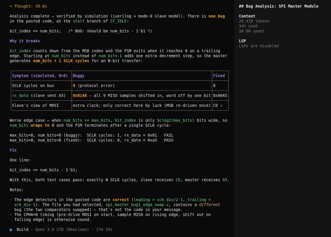 Qwen3.8 final bug report: bit_index loaded with num_bits instead of num_bits-1, a table with the simulated symptoms, the num_bits == max_bits wrap-around case and the one-line fix