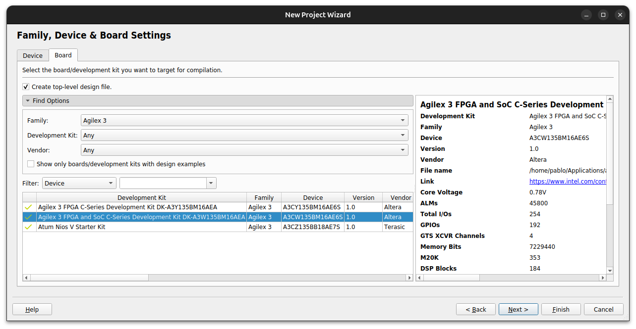 Quartus device selection dialog with the Agilex 3 C-Series Development Kit selected on the board tab instead of a bare device