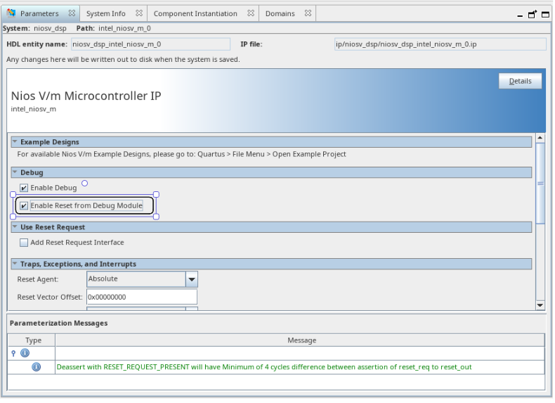 Nios V/m configuration with the Enable Reset from Debug Module option checked