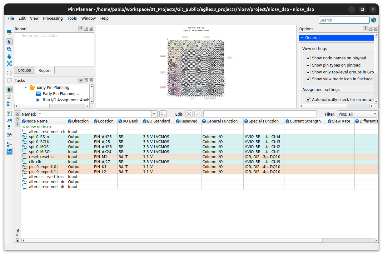 Quartus Pin Planner showing the pin assignments for clk_clk, reset_reset_n, the two PIO LED outputs and the four SPI signals