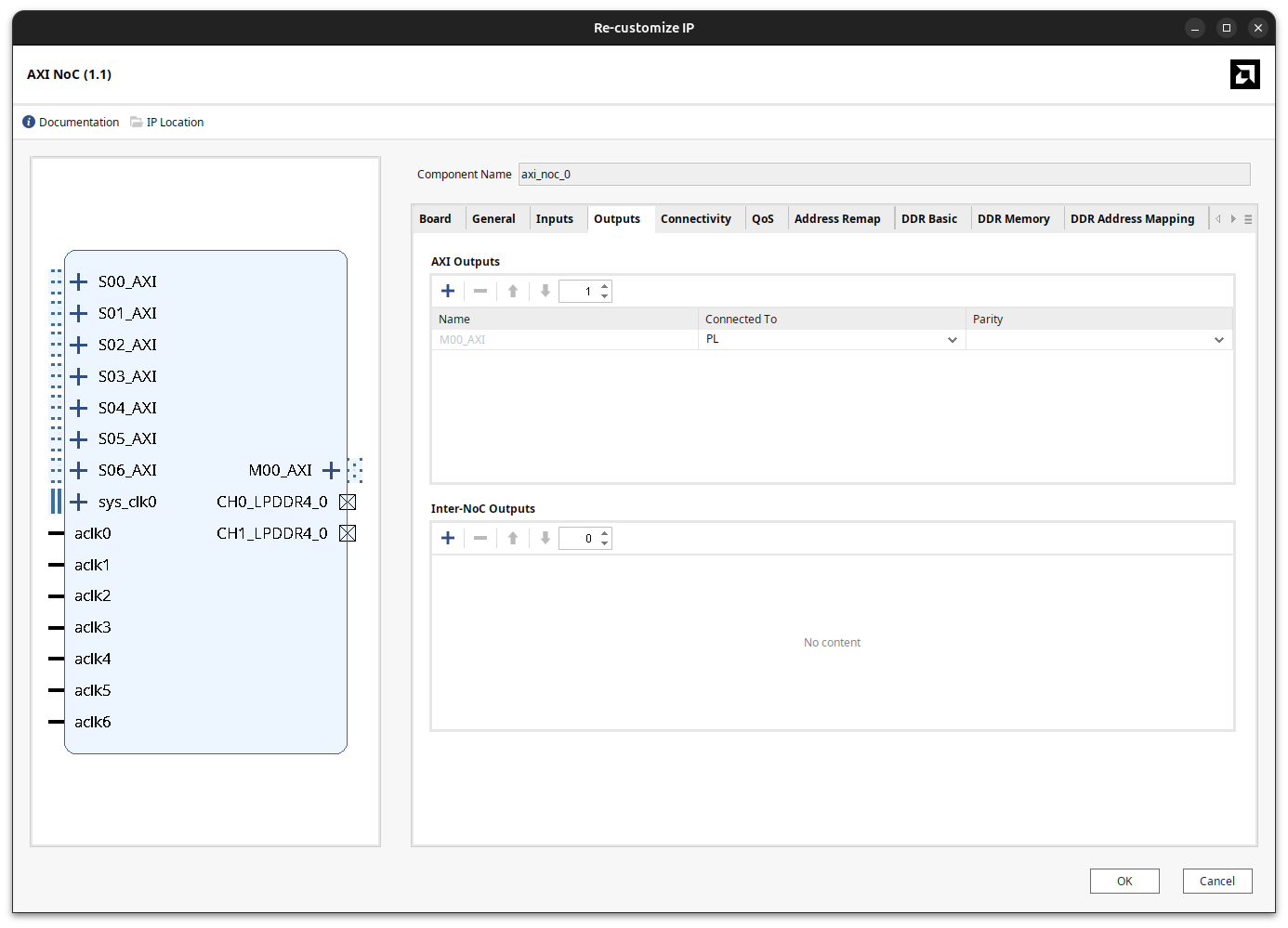 AXI NoC configuration with a new slave interface S06_AXI and a new master interface M00_AXI added