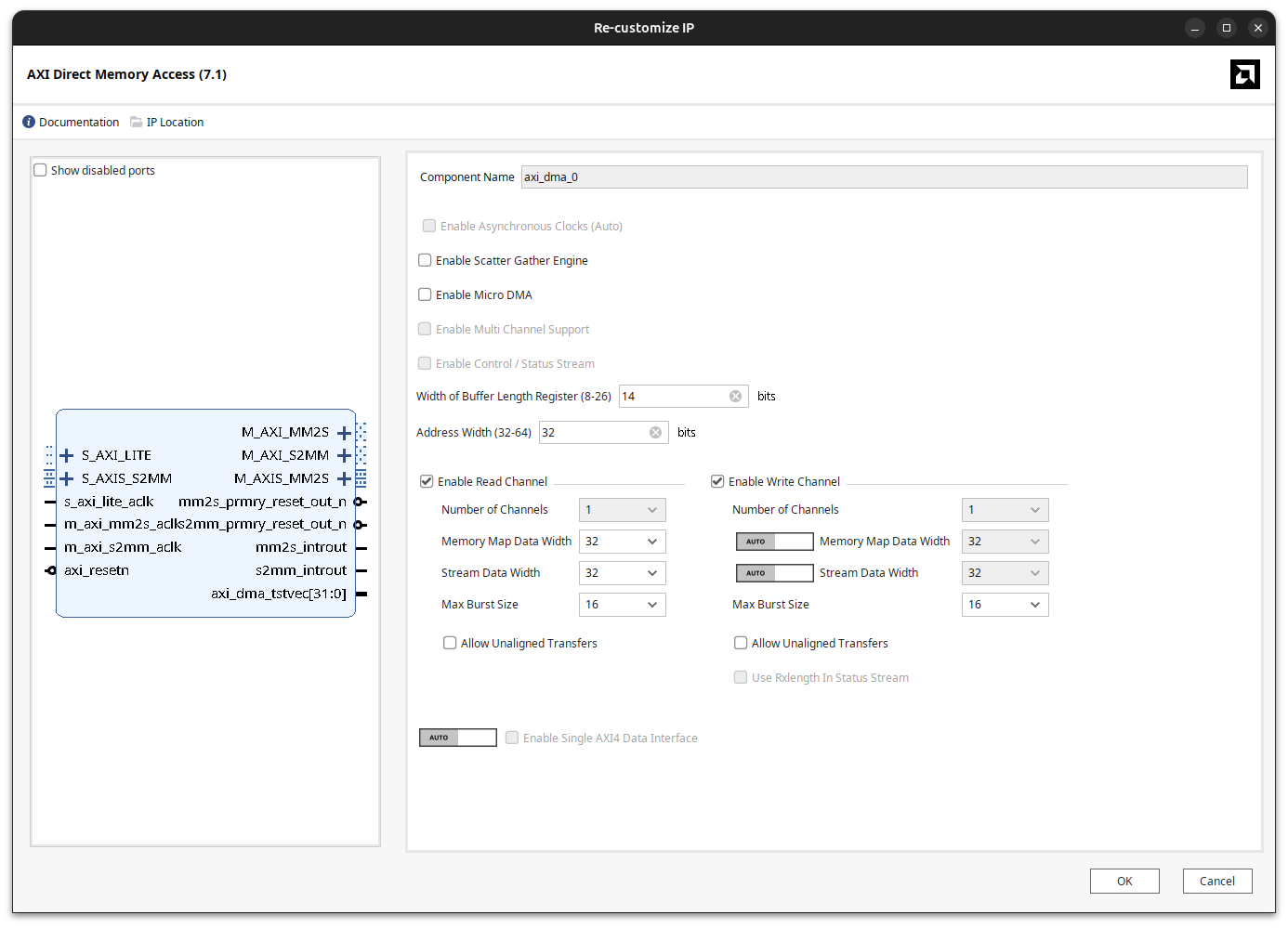 AXI DMA configuration with scatter gather disabled and both read and write channels enabled with 32-bit widths