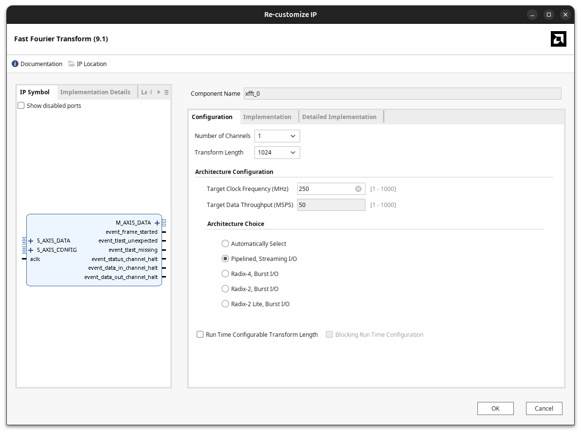 xFFT configuration tab with Pipelined Streaming I/O architecture and a transform length of 1024 points