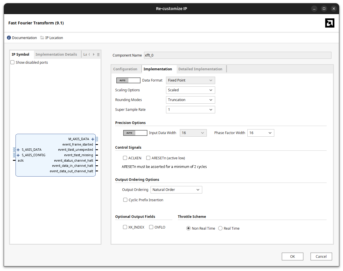 xFFT implementation tab with fixed point data, scaled arithmetic, truncation and natural output ordering